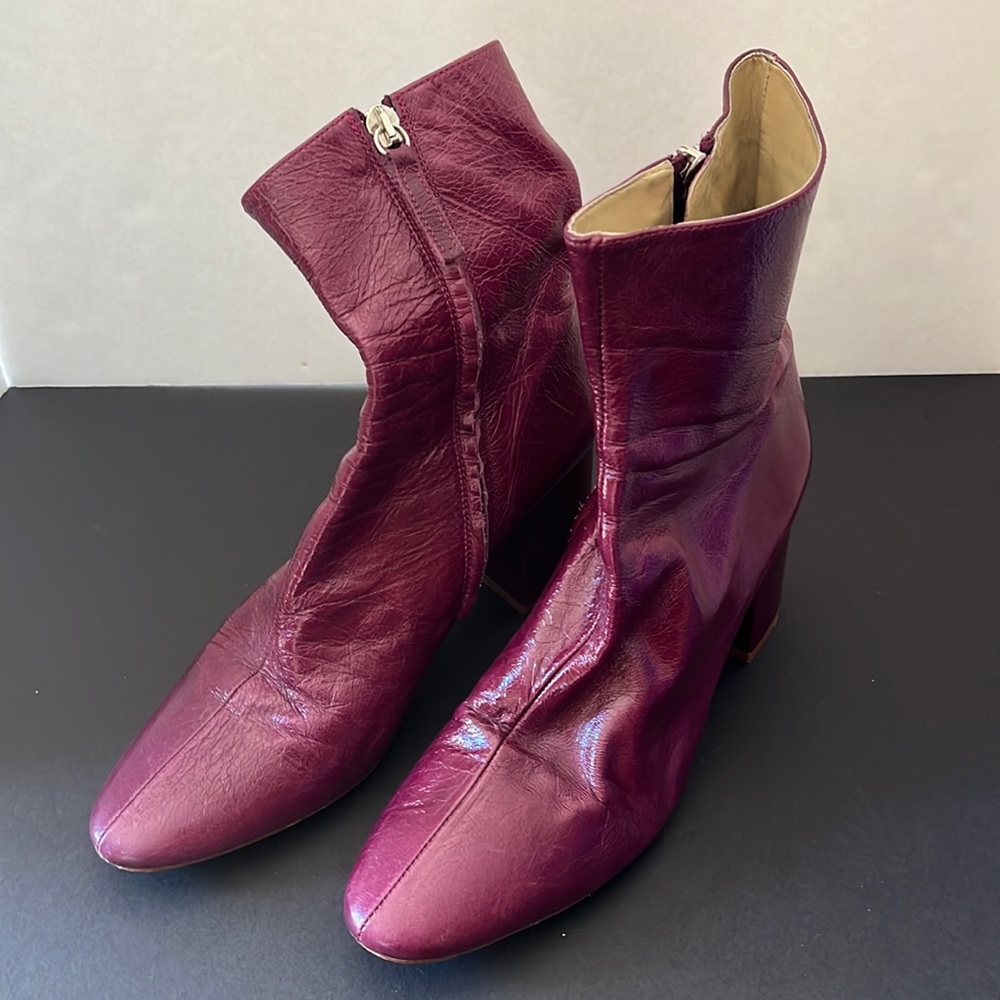 Zara Burgundy Leather Mid-Heel Ankle Boots